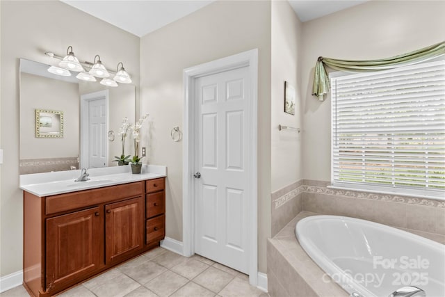 full bathroom with tile patterned floors, a bath, and vanity