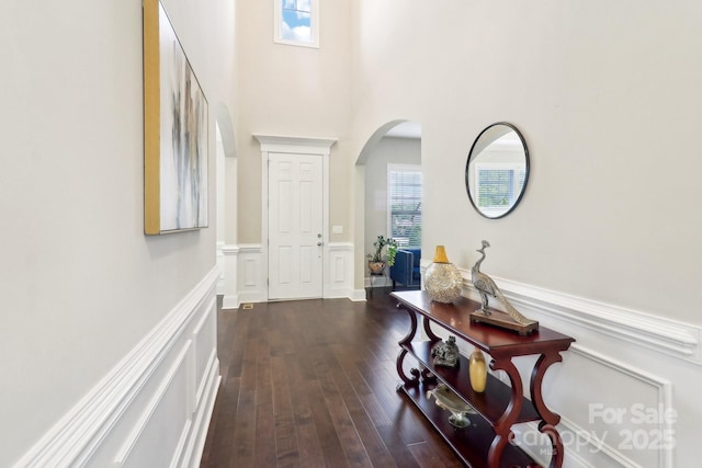 1004 Princesa Dr, Matthews, NC 28104 - foyer entrance with arched walkways, a decorative wall, a wainscoted wall, dark wood-type flooring, and a towering ceiling