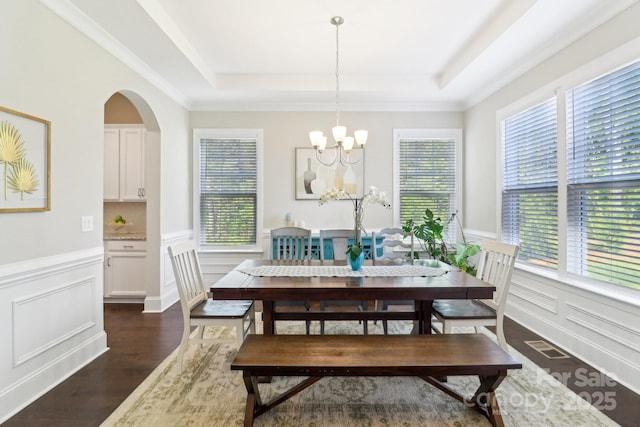 1004 Princesa Dr, Matthews, NC 28104 - dining room with a raised ceiling, plenty of natural light, and a wainscoted wall