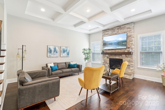 1004 Princesa Dr, Matthews, NC 28104 - living area with hardwood / wood-style floors, baseboards, coffered ceiling, a fireplace, and beamed ceiling