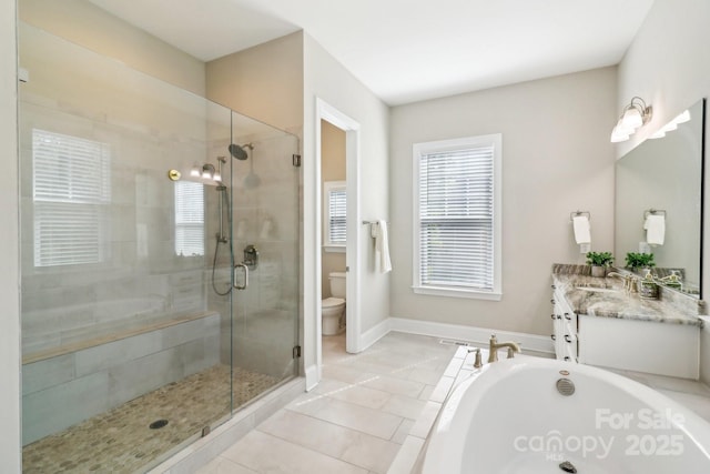 1004 Princesa Dr, Matthews, NC 28104 - bathroom featuring a garden tub, a shower stall, toilet, and plenty of natural light