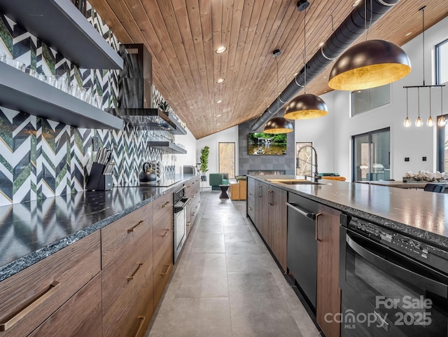 kitchen featuring open shelves, a sink, recessed lighting, wooden ceiling, and stainless steel dishwasher