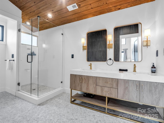 full bath featuring a sink, wood ceiling, visible vents, and a stall shower