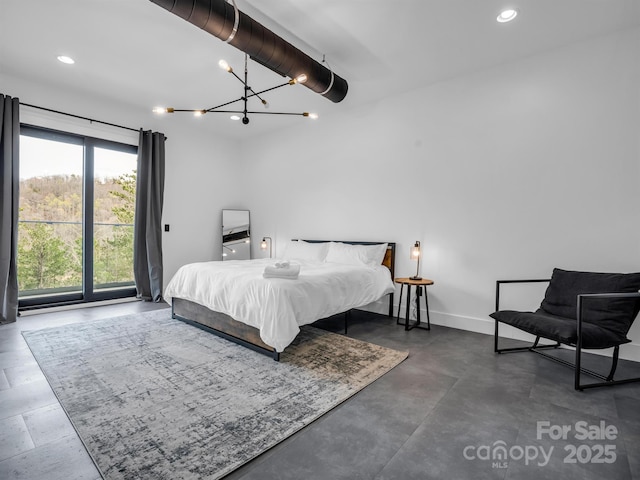 bedroom with an inviting chandelier, recessed lighting, and baseboards