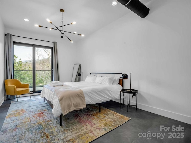 bedroom featuring an inviting chandelier, baseboards, vaulted ceiling, and concrete floors