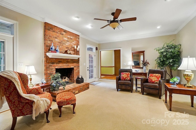 3804 Bellingham Ln, Charlotte, NC 28215 - living room with carpet flooring, a ceiling fan, a fireplace, crown molding, and recessed lighting