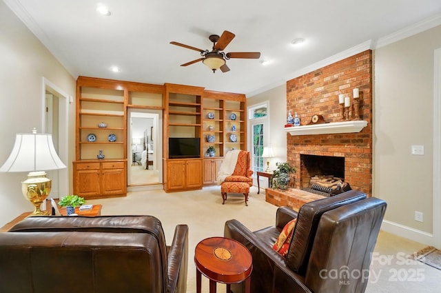 3804 Bellingham Ln, Charlotte, NC 28215 - living room featuring light carpet, a ceiling fan, a brick fireplace, ornamental molding, and recessed lighting