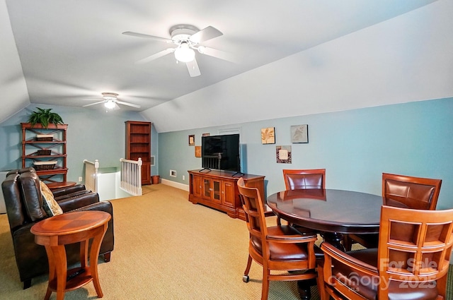 3804 Bellingham Ln, Charlotte, NC 28215 - dining space with carpet flooring, a ceiling fan, lofted ceiling, and baseboards