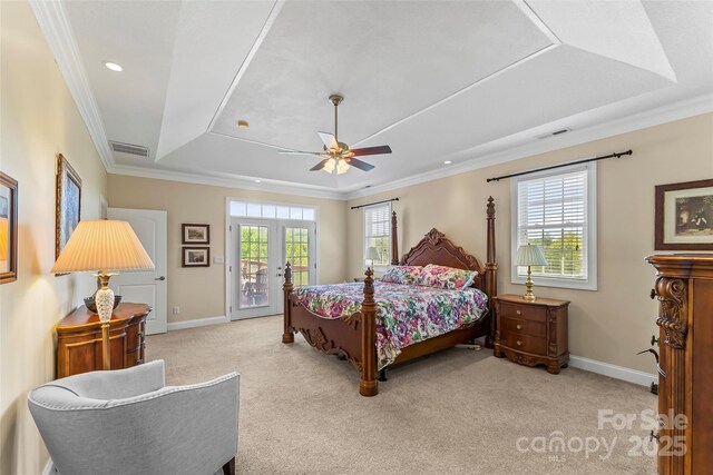 bedroom featuring access to exterior, crown molding, light colored carpet, visible vents, and baseboards