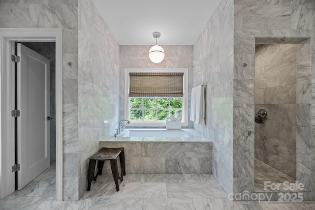 1550 High St, Charlotte, NC 28211 - bathroom featuring tile walls, a tile shower, a bath, and marble finish floor