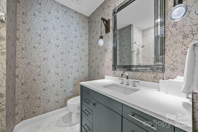 1550 High St, Charlotte, NC 28211 - full bathroom with vanity, wallpapered walls, walk in shower, and toilet