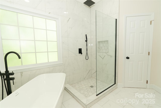 4410 Laurel Twig Ct, Charlotte, NC 28215 - full bath with a freestanding tub, a tile shower, and marble finish floor