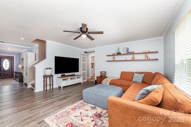 2886 Sherrills Stream Dr, Sherrills Ford, NC 28673 - living area featuring visible vents, baseboards, ornamental molding, wood finished floors, and a ceiling fan