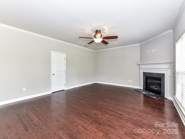 2369 Baxter Pl SE, Concord, NC 28025 - unfurnished living room featuring a glass covered fireplace, ceiling fan, crown molding, and dark wood-style floors