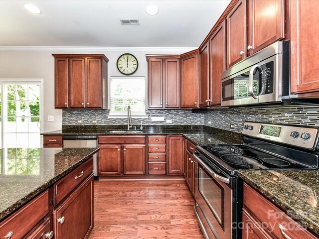 2369 Baxter Pl SE, Concord, NC 28025 - kitchen featuring a sink, a healthy amount of sunlight, visible vents, ornamental molding, and appliances with stainless steel finishes