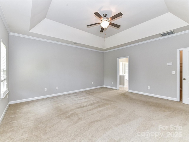 2369 Baxter Pl SE, Concord, NC 28025 - empty room featuring visible vents, ceiling fan, carpet, and a tray ceiling