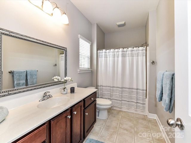 2369 Baxter Pl SE, Concord, NC 28025 - bathroom featuring a shower with curtain, visible vents, toilet, tile patterned floors, and vanity