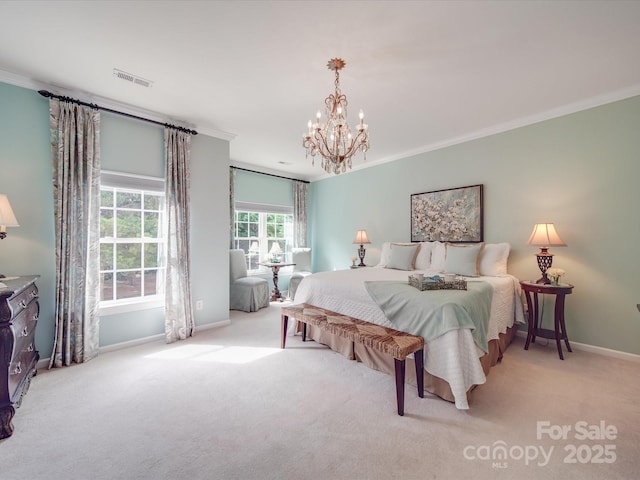 bedroom with visible vents, ornamental molding, an inviting chandelier, baseboards, and carpet flooring