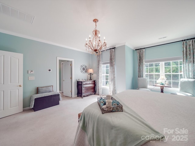 bedroom featuring visible vents, ornamental molding, carpet floors, and a chandelier