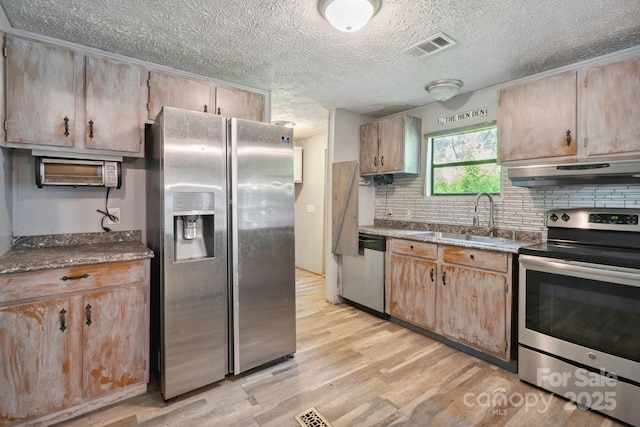 351 Fletcher Rd, Union Grove, NC 28689 - kitchen featuring visible vents, a textured ceiling, under cabinet range hood, a sink, and appliances with stainless steel finishes