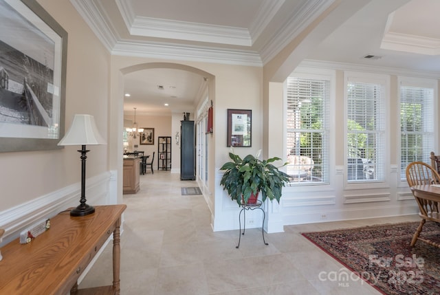 11008 Round Rock Rd, Charlotte, NC 28277 - corridor with visible vents, ornamental molding, and a tray ceiling
