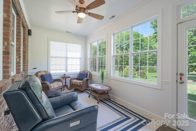 11008 Round Rock Rd, Charlotte, NC 28277 - sunroom / solarium with ceiling fan, ornamental molding, and an outdoor hangout area
