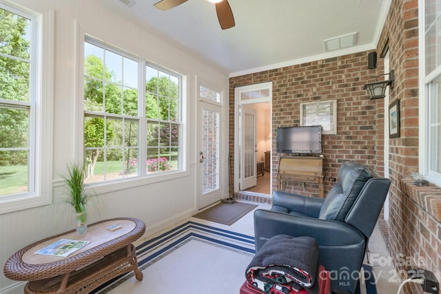 11008 Round Rock Rd, Charlotte, NC 28277 - sunroom / solarium with visible vents, ceiling fan, and brick wall