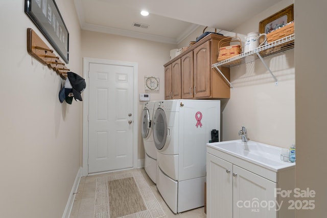 11008 Round Rock Rd, Charlotte, NC 28277 - laundry area featuring independent washer and dryer, visible vents, crown molding, cabinet space, and a sink