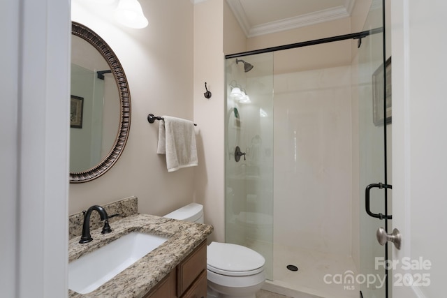 11008 Round Rock Rd, Charlotte, NC 28277 - bathroom with toilet, ornamental molding, and a stall shower