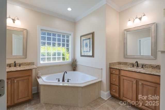 11008 Round Rock Rd, Charlotte, NC 28277 - full bath with tile patterned floors, two vanities, a sink, and a garden tub