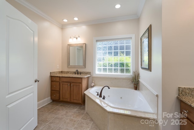 11008 Round Rock Rd, Charlotte, NC 28277 - bathroom featuring crown molding, a tub with jets, vanity, tile patterned floors, and recessed lighting