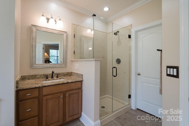 11008 Round Rock Rd, Charlotte, NC 28277 - bathroom with vanity, ornamental molding, tile patterned floors, and a shower stall