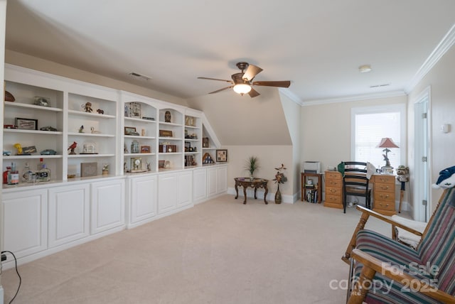 11008 Round Rock Rd, Charlotte, NC 28277 - living area with ceiling fan, visible vents, ornamental molding, and light carpet
