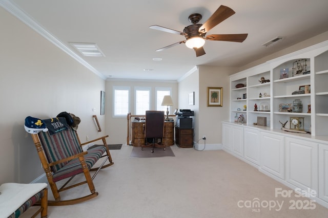 11008 Round Rock Rd, Charlotte, NC 28277 - home office featuring visible vents, crown molding, light carpet, baseboards, and ceiling fan
