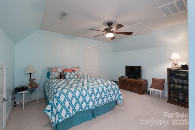 11008 Round Rock Rd, Charlotte, NC 28277 - carpeted bedroom featuring baseboards, a ceiling fan, vaulted ceiling, and visible vents