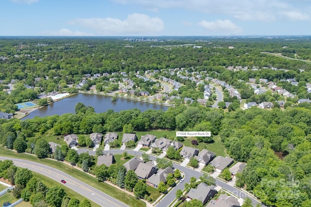 11008 Round Rock Rd, Charlotte, NC 28277 - drone / aerial view with a water view, a residential view, and a forest view