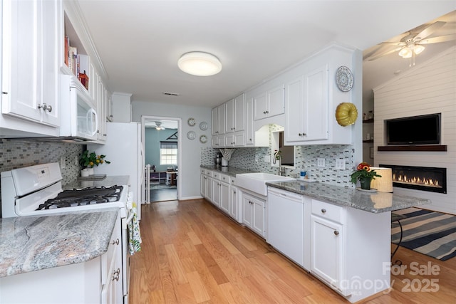 206 Summey Barker Dr, Dallas, NC 28034 - kitchen featuring ceiling fan, white appliances, white cabinetry, and a sink