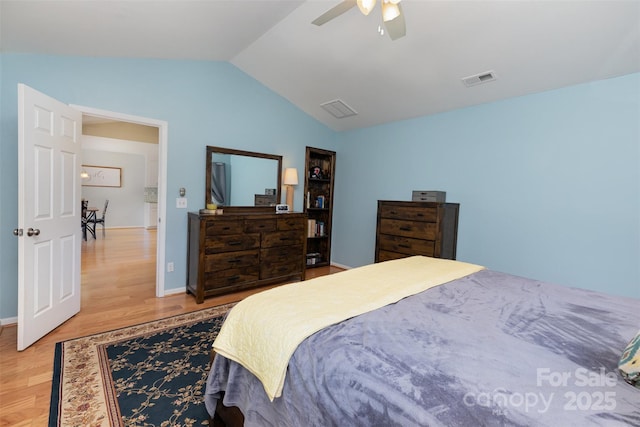 206 Summey Barker Dr, Dallas, NC 28034 - bedroom with ceiling fan, visible vents, light wood-style flooring, baseboards, and lofted ceiling