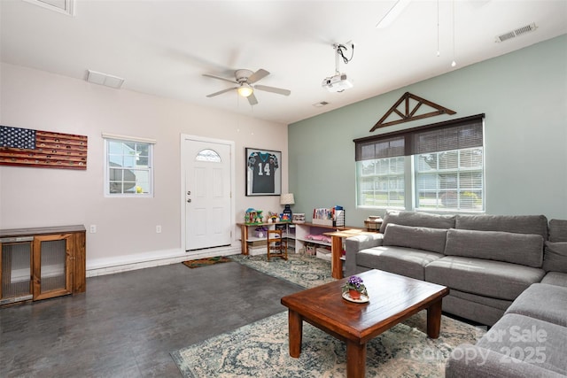 206 Summey Barker Dr, Dallas, NC 28034 - living area with visible vents, a ceiling fan, and baseboards