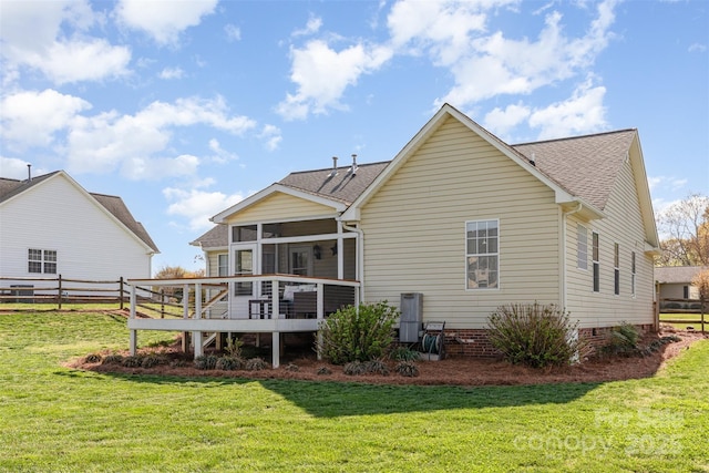 206 Summey Barker Dr, Dallas, NC 28034 - back of property with a sunroom, a lawn, a shingled roof, and fence