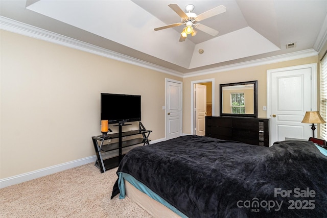 4874 Hawfield St, Kannapolis, NC 28083 - carpeted bedroom featuring crown molding, visible vents, ceiling fan, a tray ceiling, and baseboards
