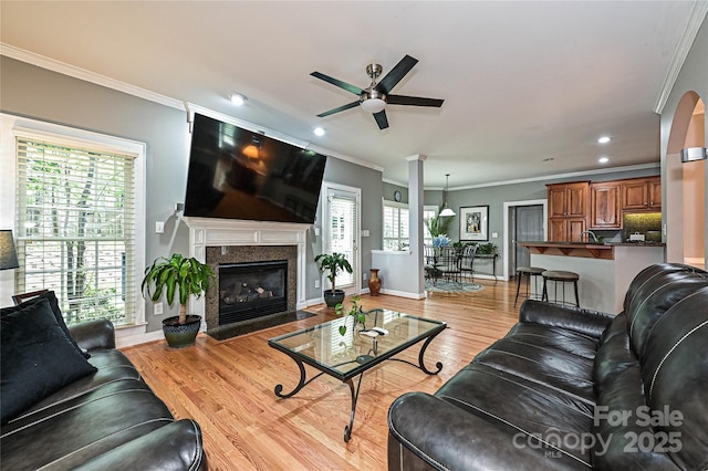 11232 Tradition View Dr, Charlotte, NC 28269 - living area with ceiling fan, ornamental molding, light wood-style floors, recessed lighting, and baseboards