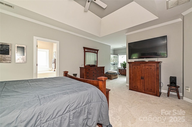 11232 Tradition View Dr, Charlotte, NC 28269 - bedroom with light carpet, ornamental molding, ensuite bathroom, baseboards, and ceiling fan