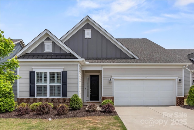 329 Brambling Ct, Wesley Chapel, NC 28110 - craftsman inspired home featuring brick siding, board and batten siding, concrete driveway, an attached garage, and roof with shingles