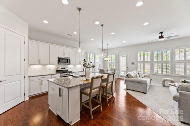 329 Brambling Ct, Wesley Chapel, NC 28110 - kitchen with stainless steel appliances, open floor plan, white cabinets, dark wood finished floors, and recessed lighting