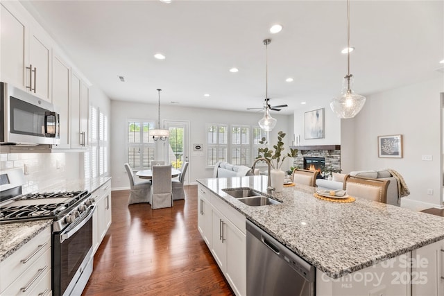 329 Brambling Ct, Wesley Chapel, NC 28110 - kitchen featuring stainless steel appliances, a sink, open floor plan, a stone fireplace, and recessed lighting