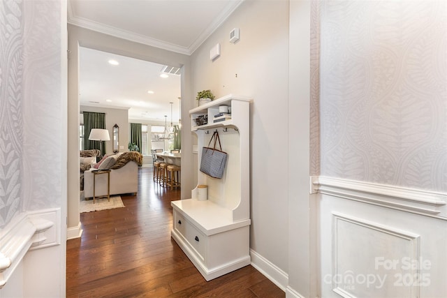 209 Helton Ln, Fort Mill, SC 29708 - mudroom with crown molding, recessed lighting, baseboards, and dark wood finished floors