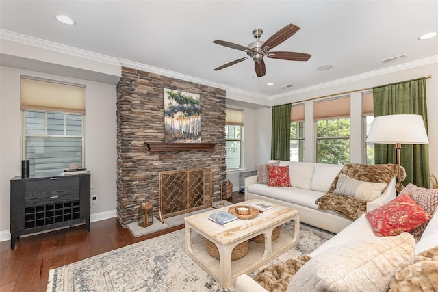 209 Helton Ln, Fort Mill, SC 29708 - living area with hardwood / wood-style flooring, baseboards, visible vents, a ceiling fan, and crown molding