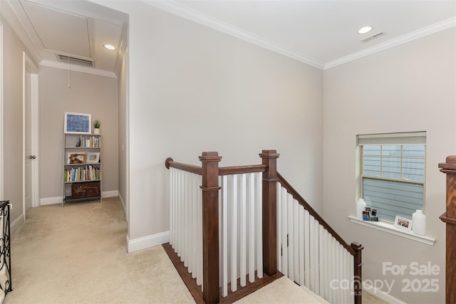 209 Helton Ln, Fort Mill, SC 29708 - stairs featuring ornamental molding, attic access, visible vents, and carpet flooring