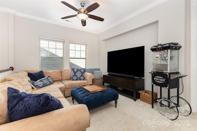 209 Helton Ln, Fort Mill, SC 29708 - living room with visible vents, ceiling fan, crown molding, and carpet flooring
